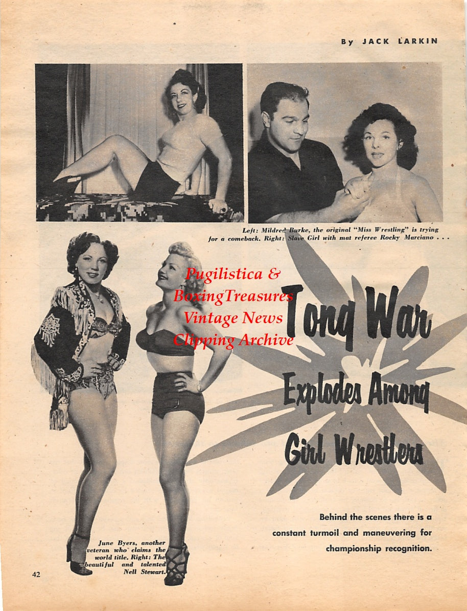 Wrestling News Clipping #82 - The Great Scott, Mildred Burke, Slave Girl, Rocky Marciano, June Byers, Nell Stewart