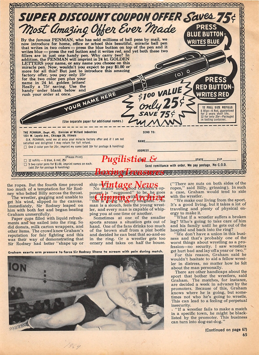 Wrestling News Clipping #69 - Fred Blassie, Fritz Von Erich, Johnny Valentine, Billy Graham vs. Sir Rodney Shane