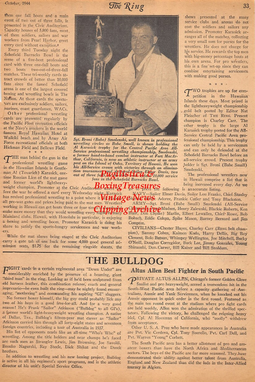 Wrestling News Clipping #05 - Broni Smolenski "Babe Small" WWII Service Professional Wrestling title