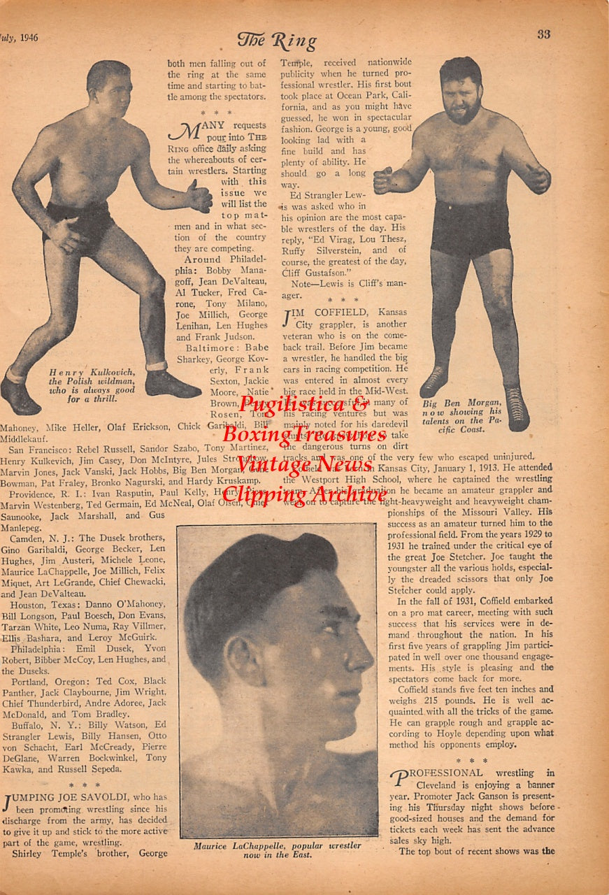 Wrestling News Clipping #247 - Henry Kulkovich, Big Ben Morgan, Maurice LaChappelle, George Hackenschmidt