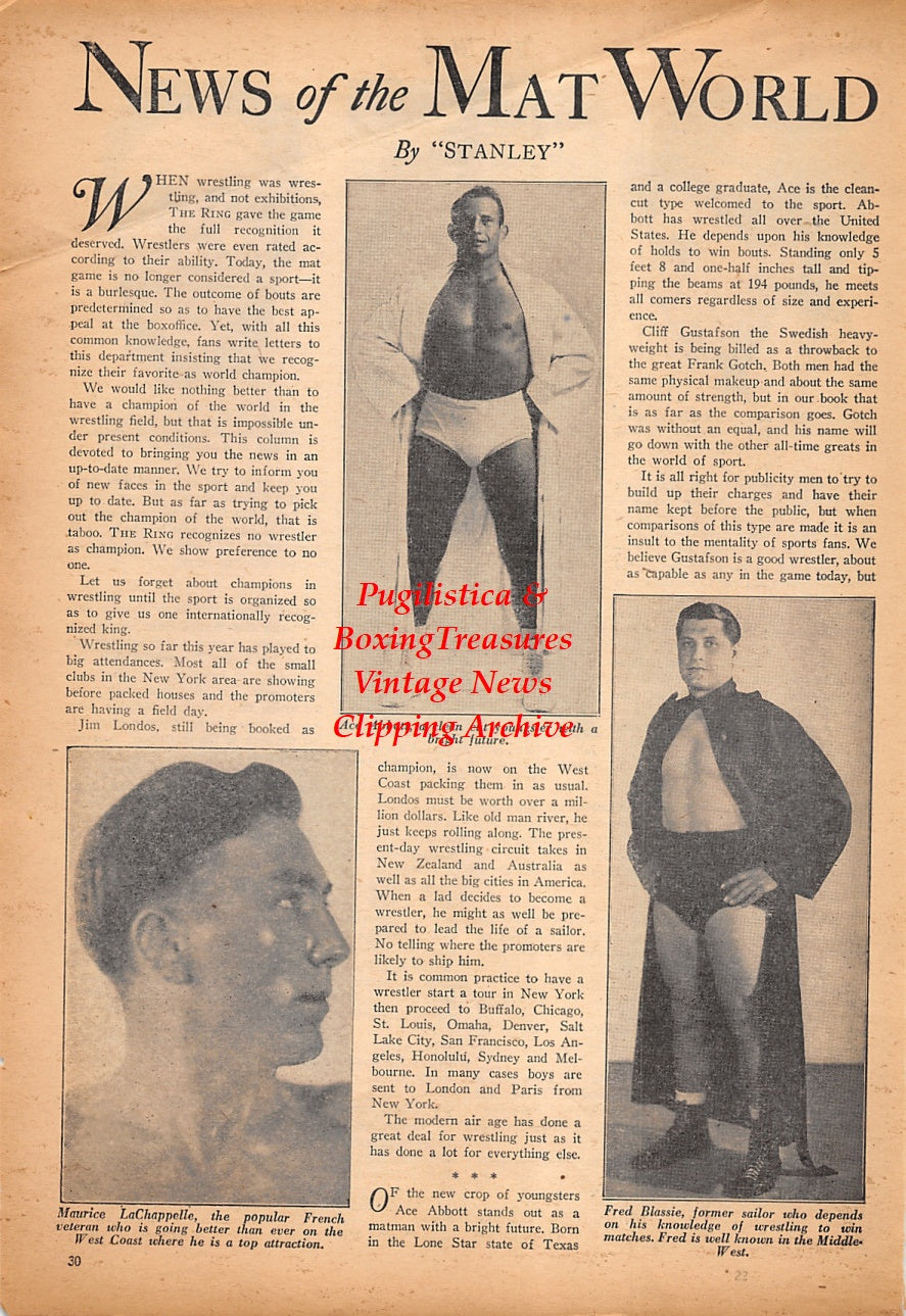 Wrestling and Boxing News Clipping #231 - Ace Abbott, Maurice LaChappelle, Fred Blassie, Battling Nelson, Jake LaMotta, Tommy Loughran