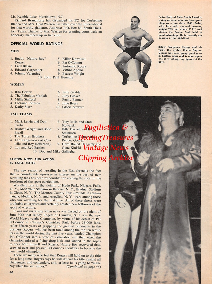 Wrestling News Clipping #190 - Judy Glover, Lorraine Johnson, Millie Stafford, Kathy Starr, Doug Kinslow, Rita Cortez, Pedro Gody, Gorgeous George, Cherie Duprz