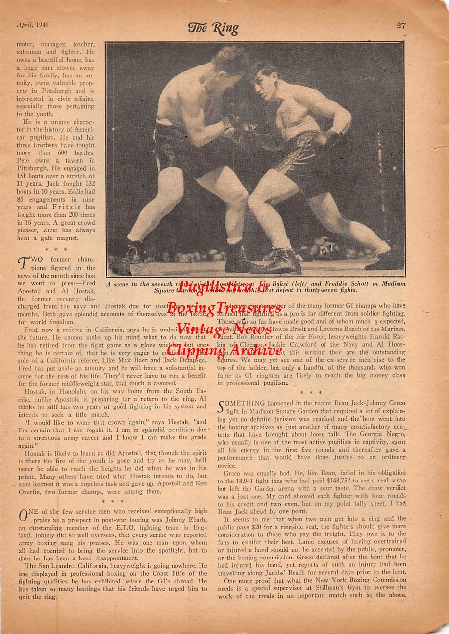 Wrestling and Boxing News Clipping #243 - Joe Savoldi vs. Strangler Lewis, Joe Baksi vs. Freddie Schott