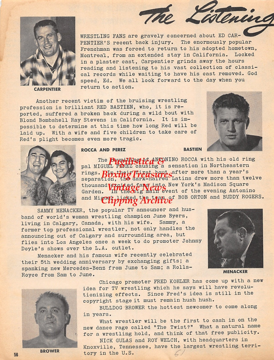 Wrestling News Clipping #111 - Edouard Carpentier, Red Bastien, Antonino Rocca, Miguel Perez, Sammy Menacker, Bulldog Brower