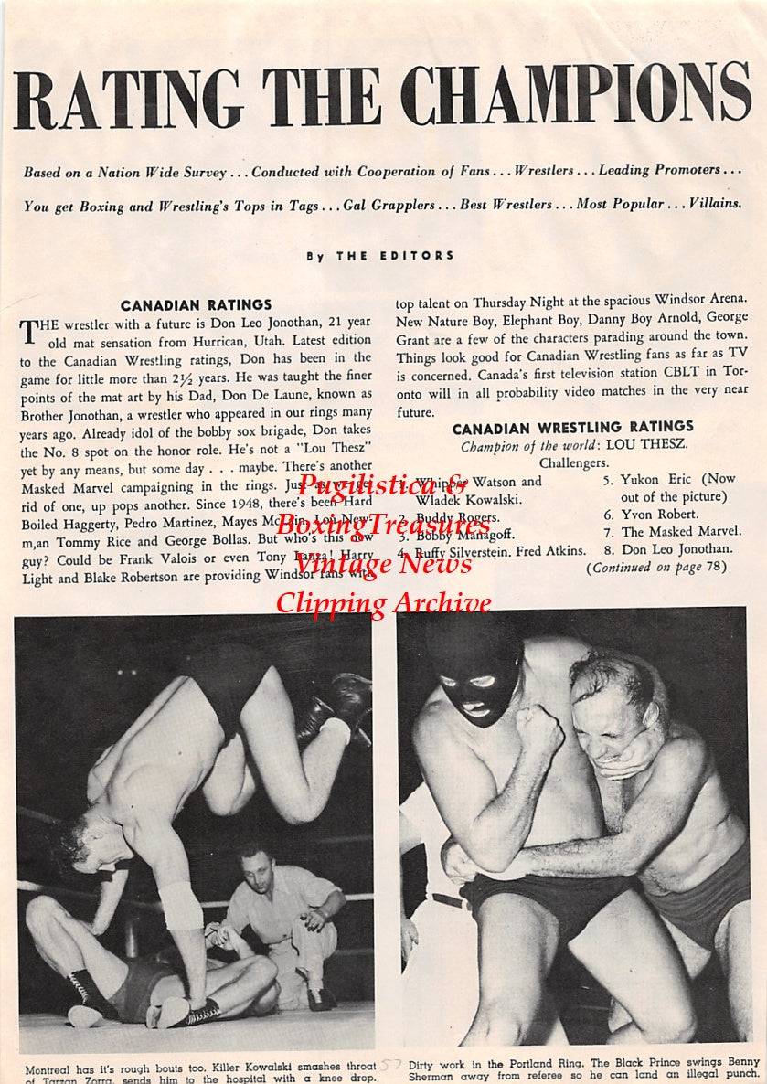 Wrestling News Clipping #95 - Killer Kowalski vs. Tarzan Zorra, The Black Prince vs. Benny Sherman, Baron Von Heczey, Eddie Quinn, Yvon Robert, Dick Raine, Masked Marvel, Gene and Steve Stanlee