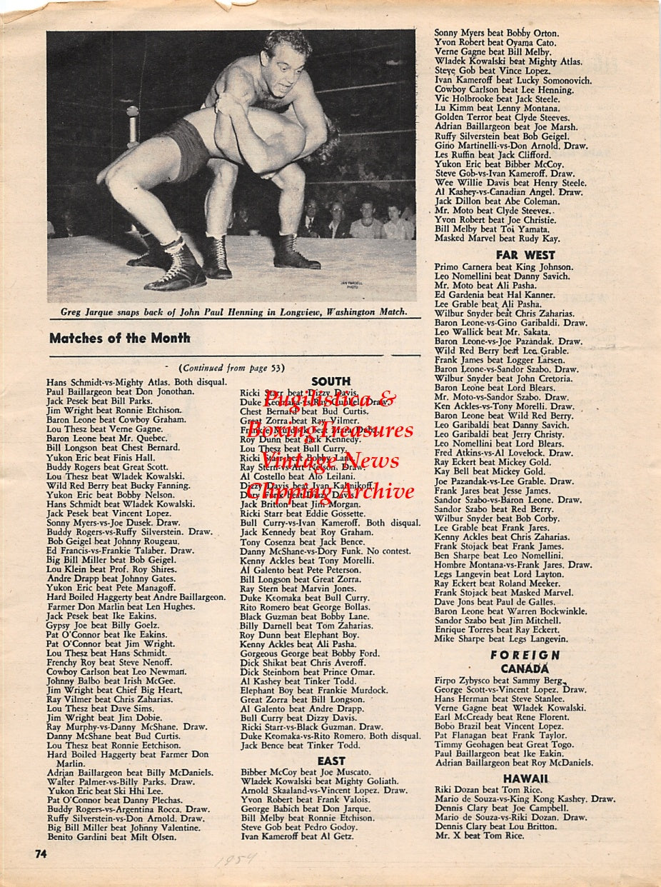 Wrestling News Clipping #42 - Greg Jarque vs. John Paul Henning in Longview, Washington
