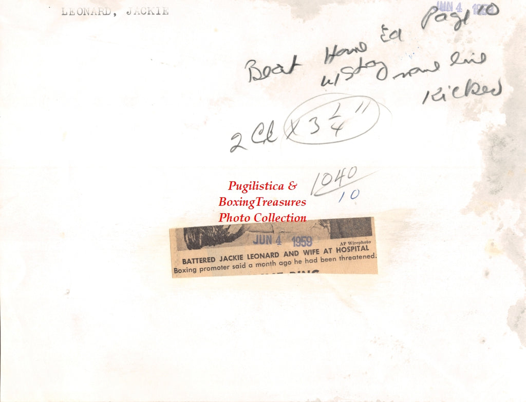 Boxing Photo #1400 - Jackie Leonard - Boxing Promoter Beaten by Mobsters - Vintage 1959 Wire Photograph