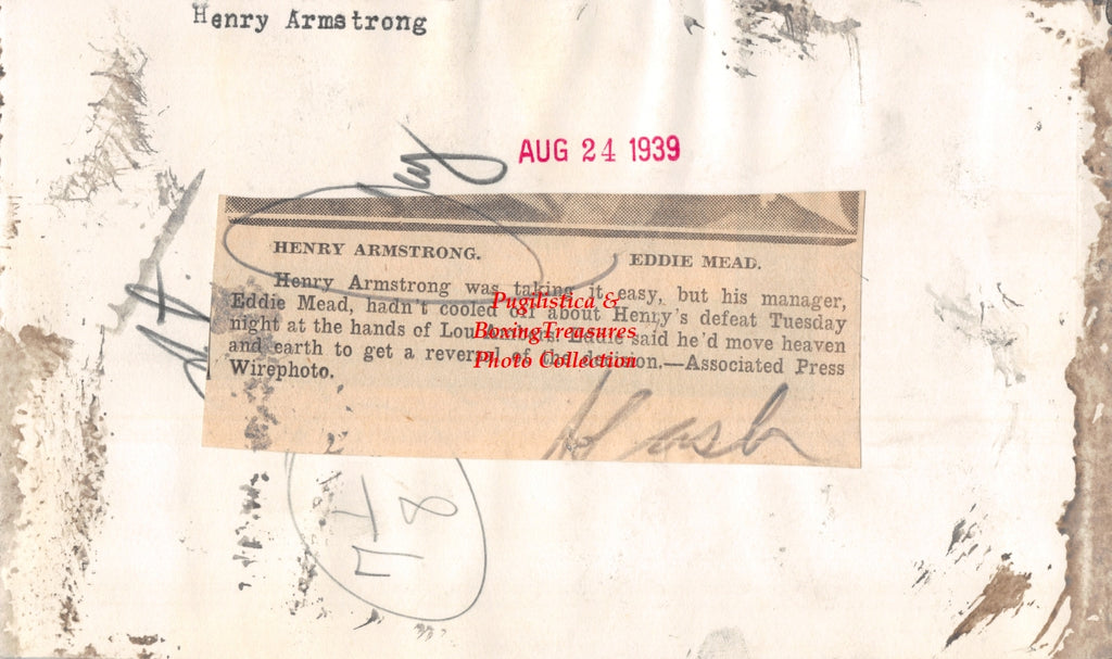 Boxing Photo #1417 - Henry Armstrong and Eddie Mead - Vintage 1939 Press Photograph