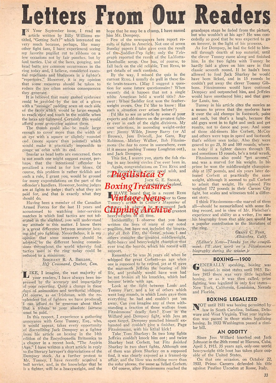 Boxing News Clipping #2578 - Tom Sharkey, Bob Armstrong, Jem Mace, Tommy Ryan, Luther McCarty, Sam Harris, Terry McGovern