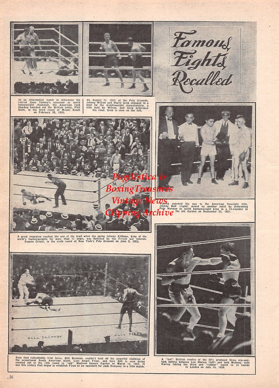 Boxing News Clipping #2579 - Jack Sharkey vs Phil Scott, Harry Greb vs Johnny Wilson, Johnny Kilbane vs Eugene Criqui, Bill Brennan vs Luis Angel Firpo, Johnny Buff vs Pete Herman, Len Harvey vs Jock McAvoy