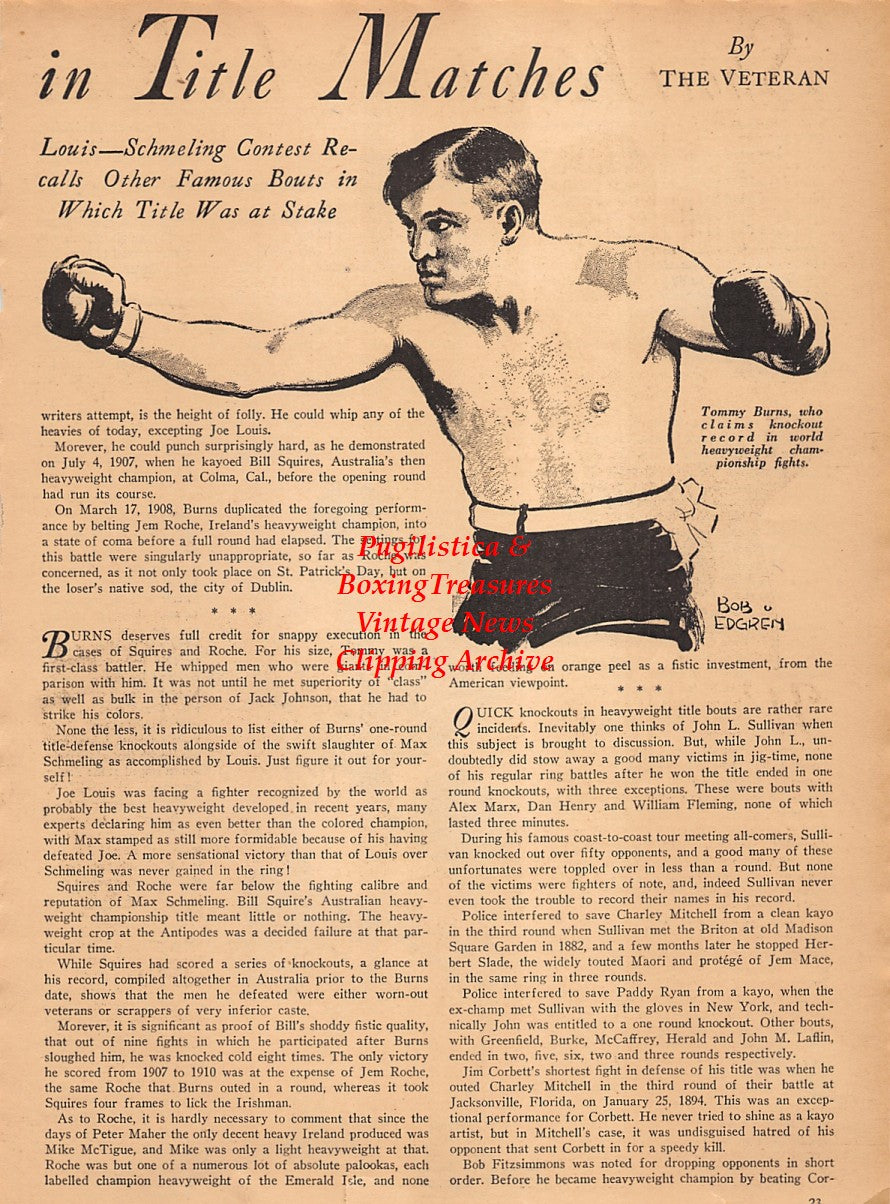 Boxing News Clipping #2585 - Tommy Burns, Benny Leonard, Bob Edgren