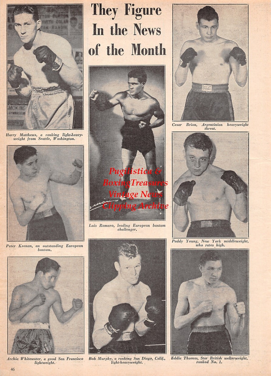 Boxing News Clipping #2583 - Harry Matthews, Peter Keenan, Archie Whitewater, Luis Romero, Bob Murphy, Paddy Young, Eddie Thomas, Cesar Brion, Levi Jackson