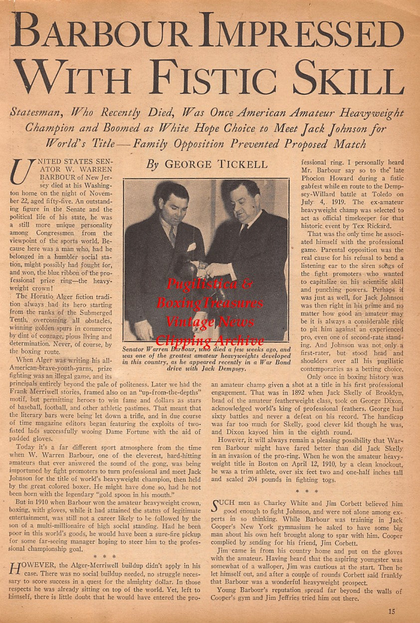 Boxing News Clipping #2470 - Jack Dempsey, Warren Barbour, Tex Rickard