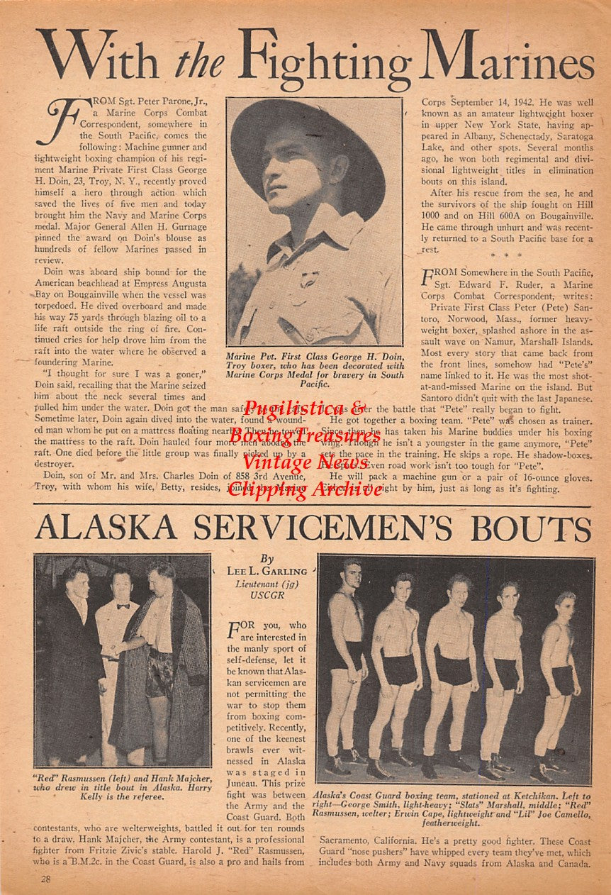 Boxing News Clipping #2522 - George Doin, Red Rasmussen, Hank Majcher, Harry Kelly, George Smith, Slats Marshall, Erwin Cape, Joe Camello, WWII Military Boxing