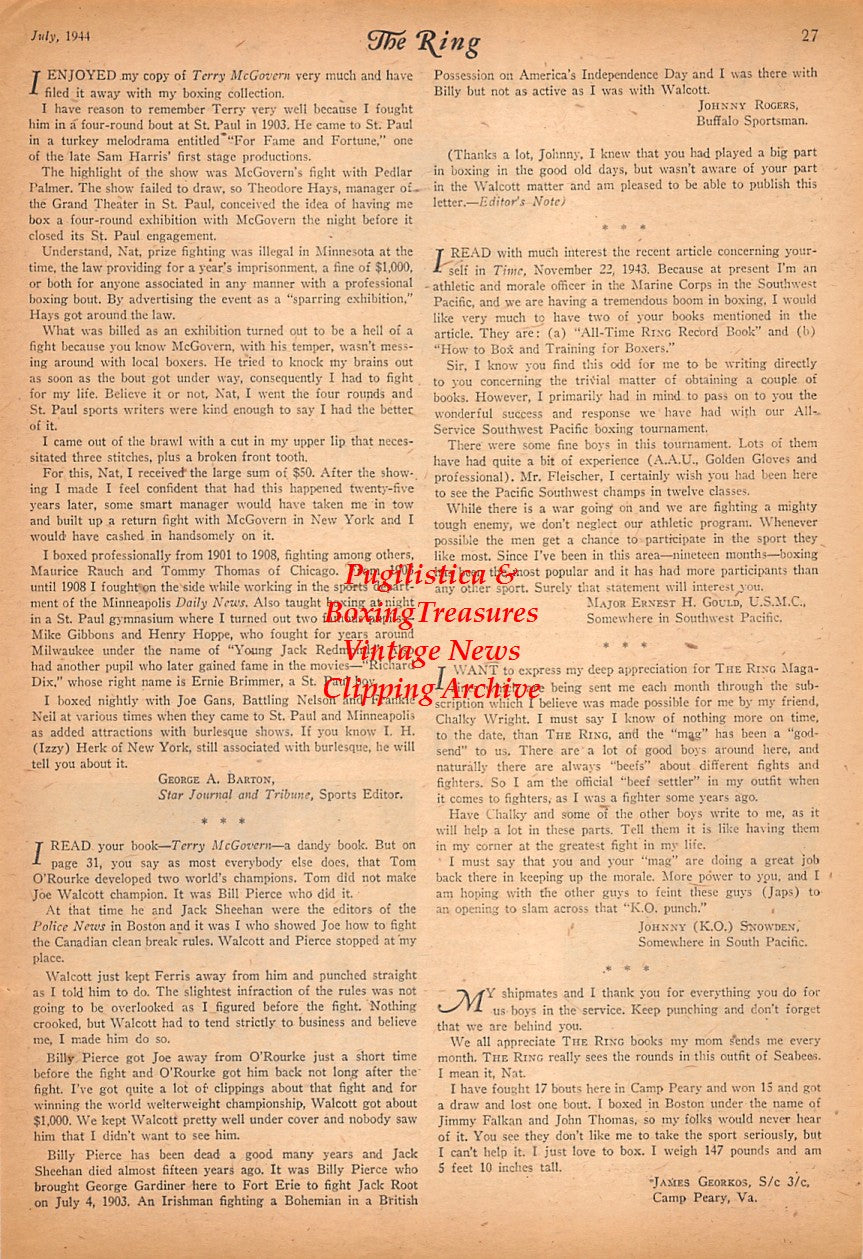 Boxing News Clipping #2522 - George Doin, Red Rasmussen, Hank Majcher, Harry Kelly, George Smith, Slats Marshall, Erwin Cape, Joe Camello, WWII Military Boxing