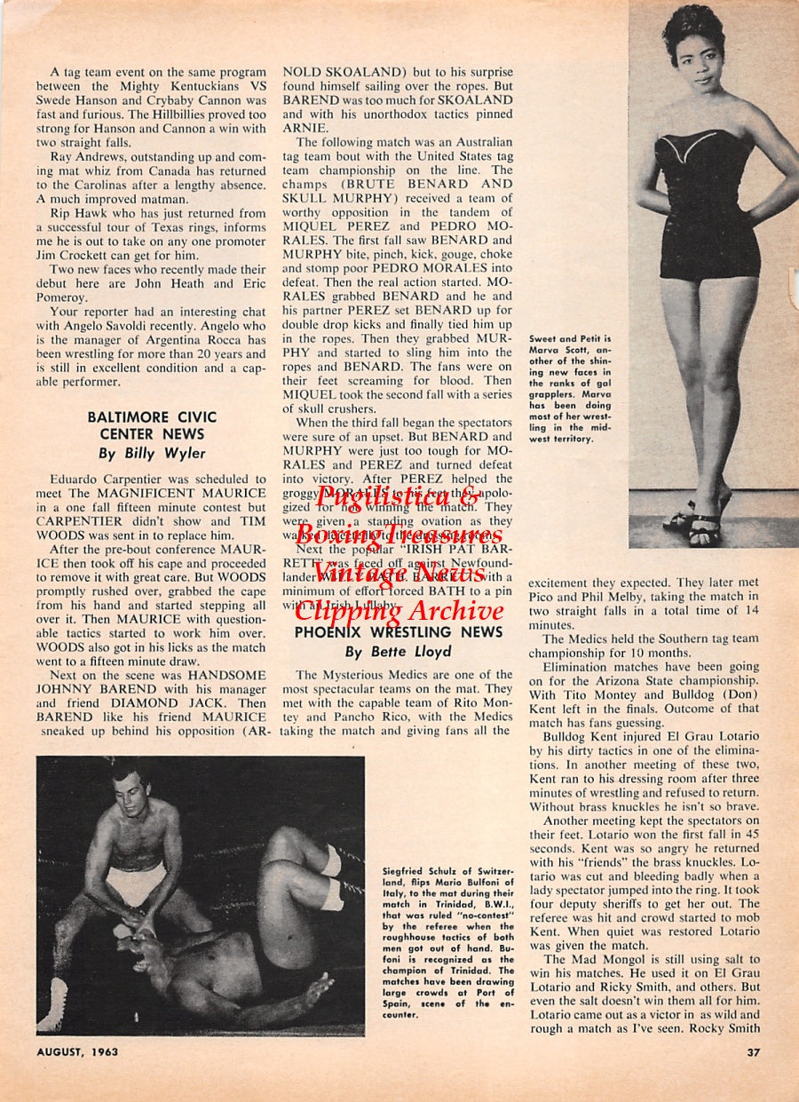 Wrestling News Clipping #197 - P.Y. Chung, Yoshina Sato, Lord Bertie Topham vs. Johnny Eagle, Marva Scott, Siegfried Schulz vs. Mario Bulfoni