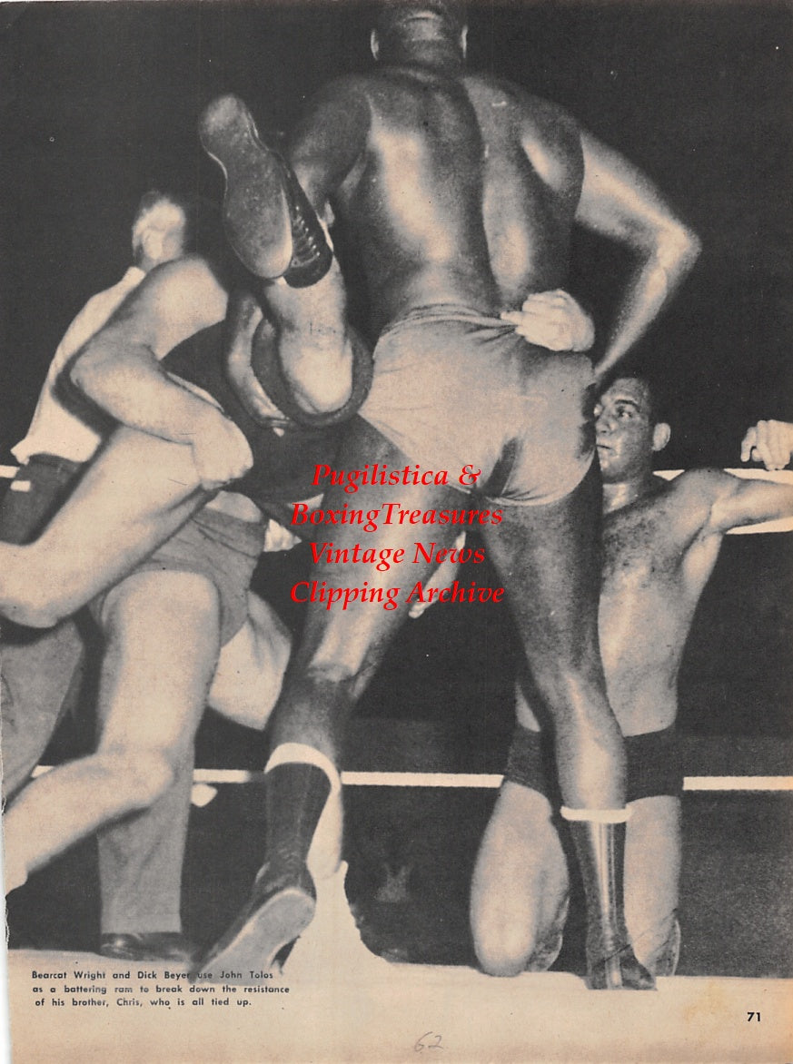 Wrestling News Clipping #128 - Bearcat Wright and Dick Beyer vs. Chris and John Toles, Marie and Johnny Coulon