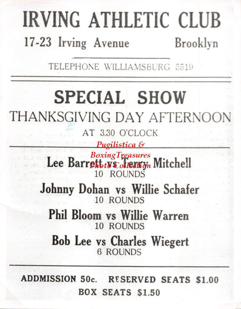 Boxing Photo #1105 - Lee Barrett, Terry Mitchell, Johnny Dohan, Willie Schafer, Phil Bloom, Willie Warren, Bob Lee, Charles Weigert - Irving Athletic Club, Brooklyn