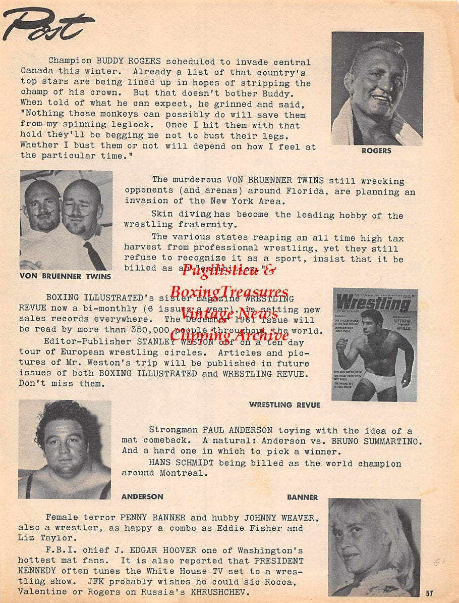 Wrestling News Clipping #112 - Buddy Rogers, Von Bruenner Twins, Paul Anderson, Penny Banner, Yukon Eric