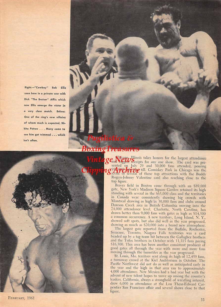 Wrestling News Clipping #129 - Cowboy Bob Ellis vs. Dick "The Bruiser" Afflis, Nikita Petrov, Chief Billy Whitewolf vs. Tony Borne, Buddy Lee, Fabulous Moolah, Shag Thomas vs. Herb Freeman
