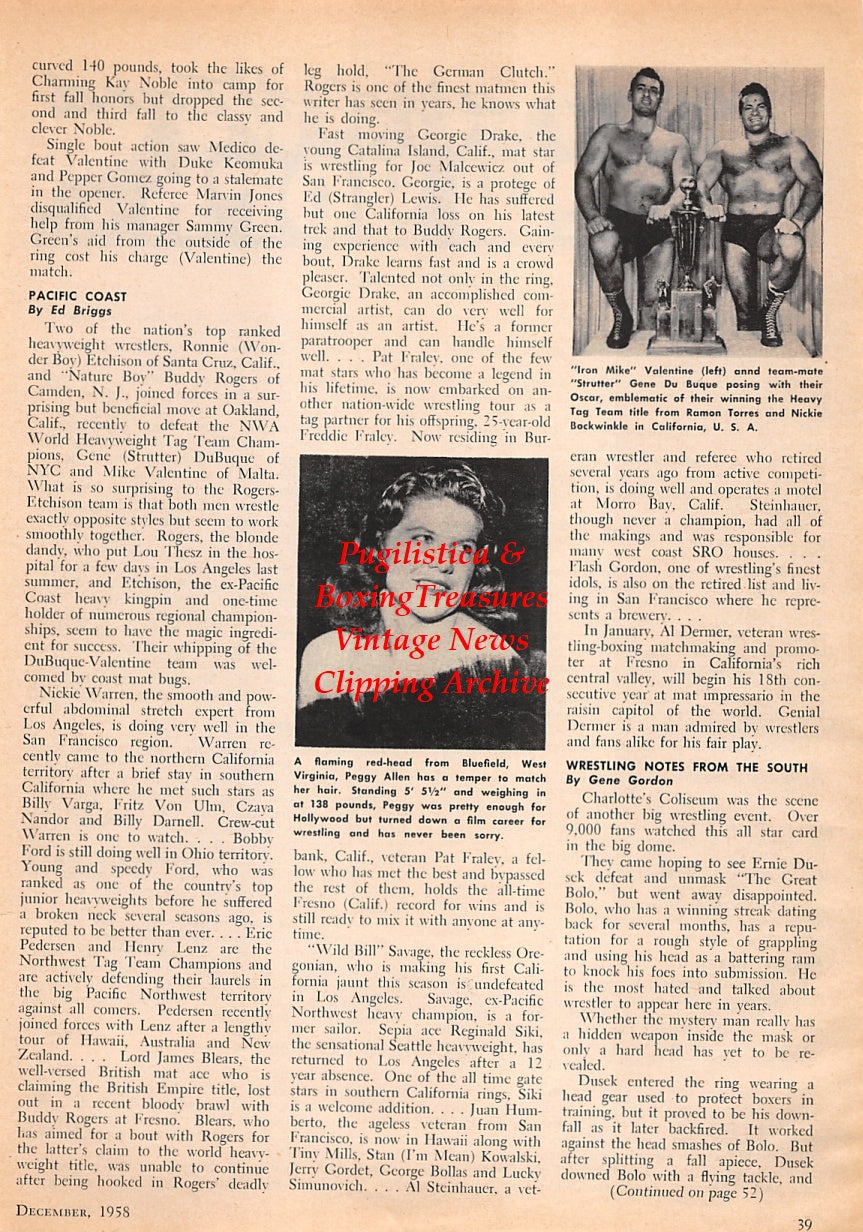 Wrestling News Clipping #134 - Peggy Allen, Iron Mike Valentine, Gene Du Buque