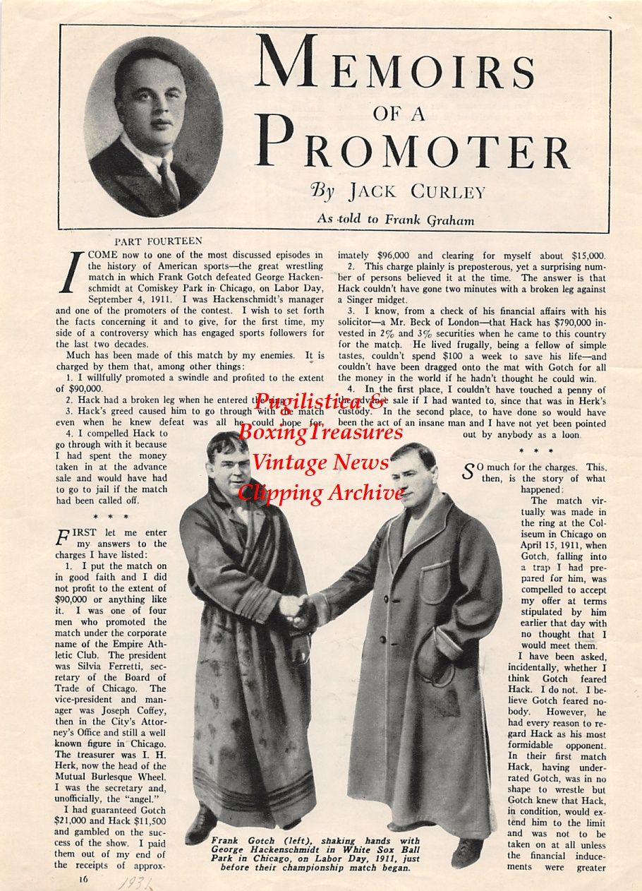 Wrestling News Clipping #159 - Frank Gotch vs. George Hackenschmidt, Gino Garibaldi, Billy Bartush, Sandor Szabo, Floyd Marshall, Paul Jones, Dick Shikat, Sergi Kalmikoff, Ferenc Holuban