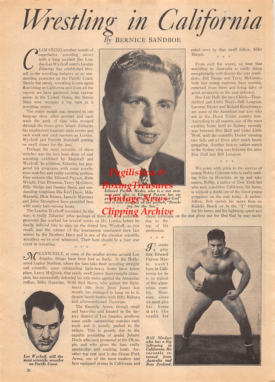 Wrestling News Clipping #172 - Leroy McGuirk, Lou Thesz, Jackie James, Dick Shikat, Kimon Kudo, Sandor Szabo, Edward Payson Meske, Lee Wyckoff, Bill Sledge