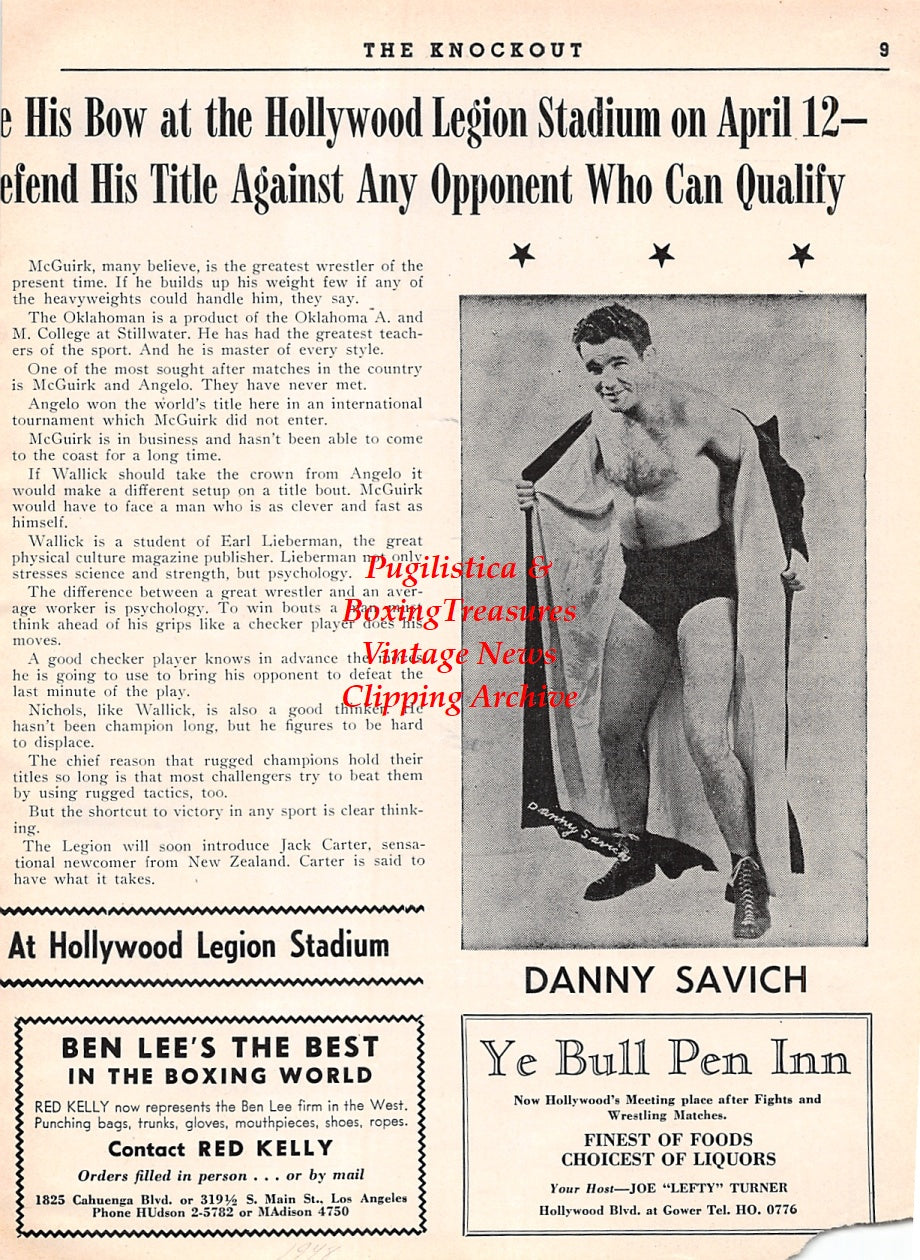 Wrestling News Clipping #175 - Danny Savich, Gorgeous George, Valet Jeffries