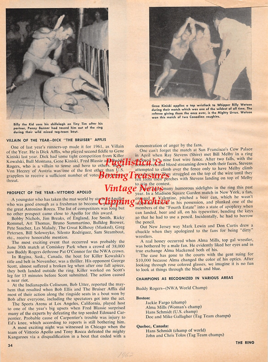Wrestling News Clipping #181 - Ida Martinez vs. Juanita Coffman, Antonino Rocca vs. Buddy Rogers, Billy The Kid vs. Tiny Tim, Gene Kiniski vs. Whipper Billy Watson