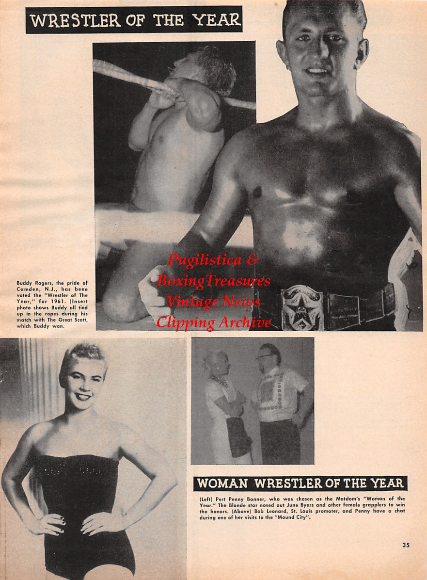 Wrestling News Clipping #182 - Buddy Rogers, Penny Banner, Bob Leonard, Dick Afflis, Al Costello, Roy Heffernan, Wild Red Barry