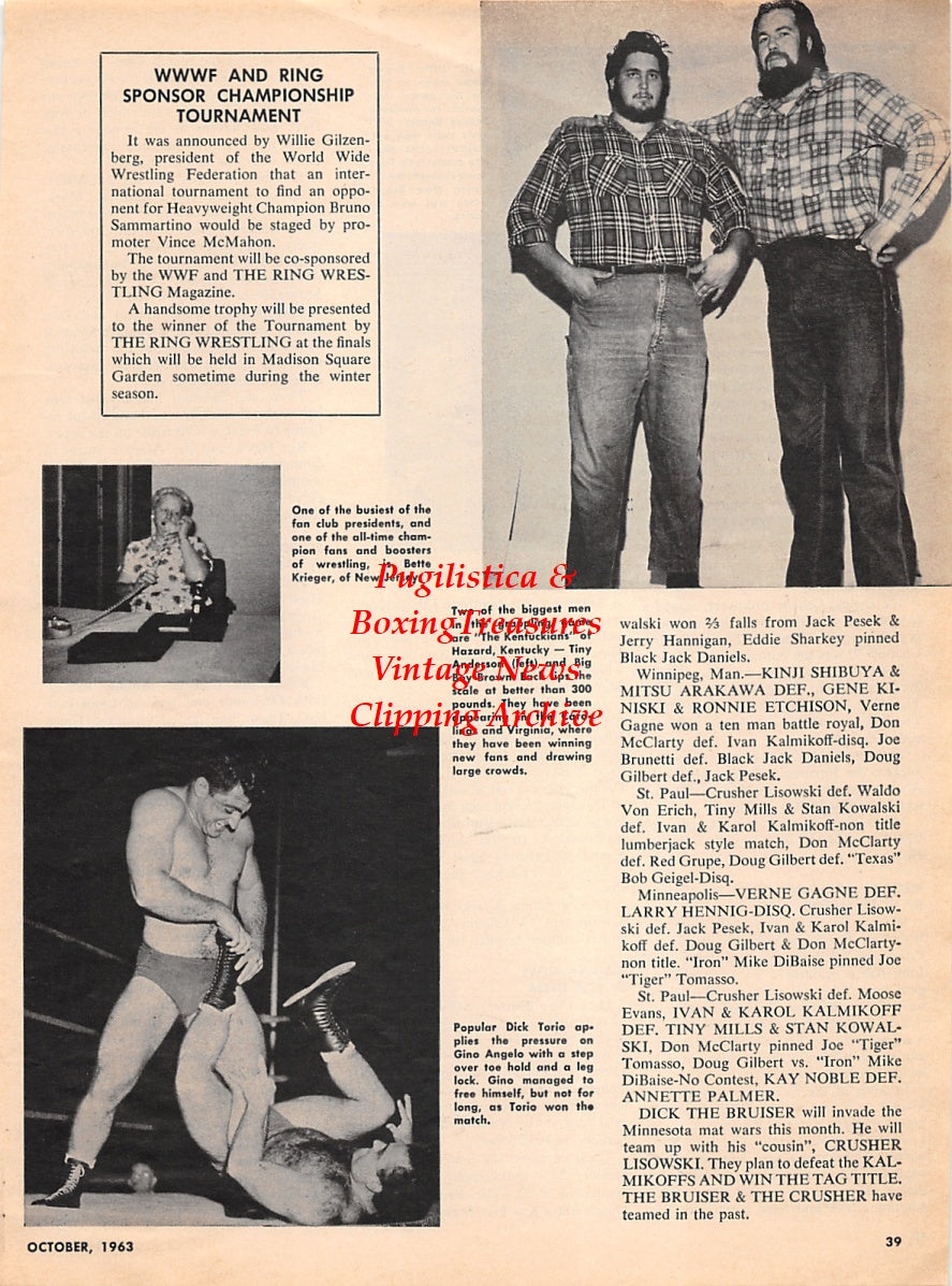 Wrestling News Clipping #195 - Dick Torio vs. Gino Angelo, Tiny Anderson, Big Boy Brown, Bette Krieger, Little Beaver vs. Billy The Kid, Carlos Maliano vs. Tosh Togo
