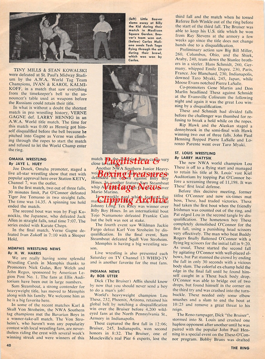 Wrestling News Clipping #195 - Dick Torio vs. Gino Angelo, Tiny Anderson, Big Boy Brown, Bette Krieger, Little Beaver vs. Billy The Kid, Carlos Maliano vs. Tosh Togo