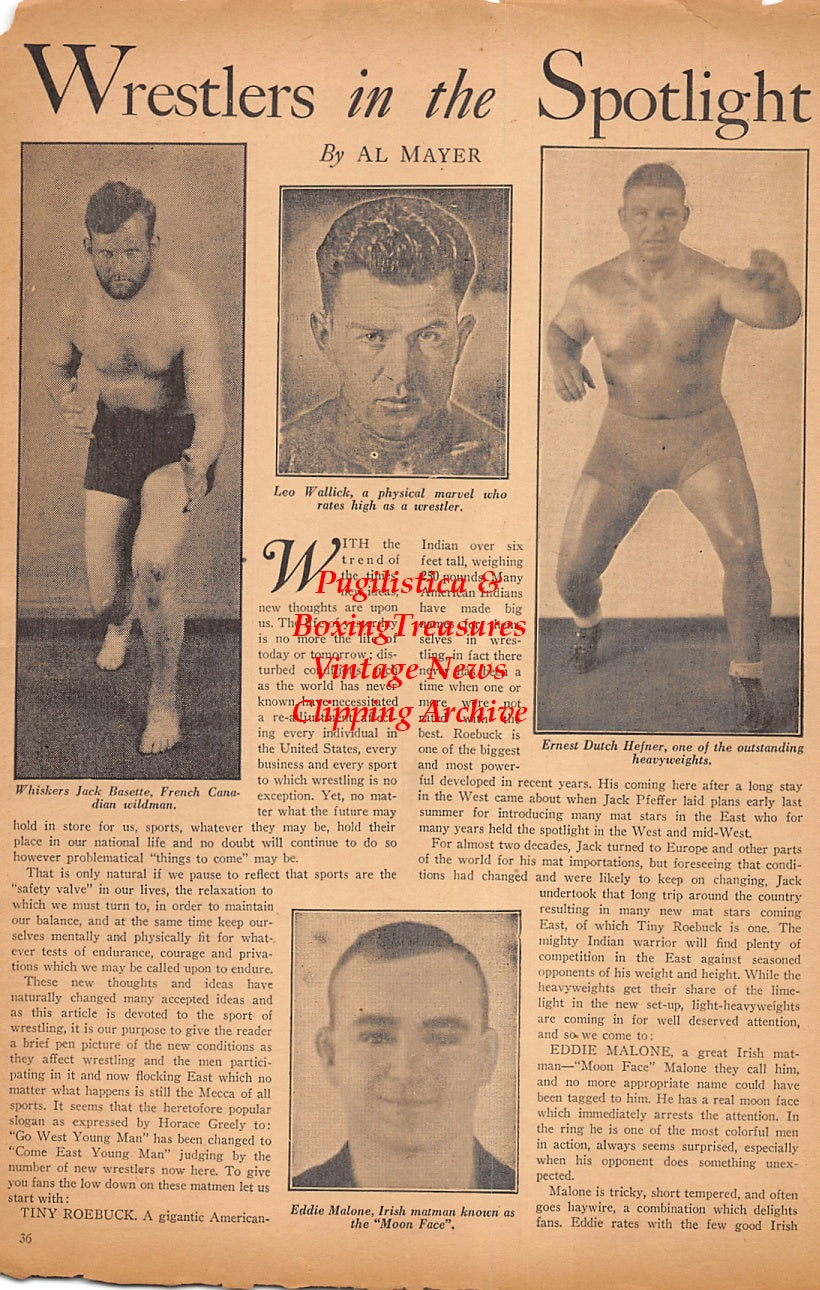 Wrestling News Clipping #217 - Whiskers Jack Basette, Leo Wallick, Ernest Dutch Hefner, Eddie Malone "Moon Face"