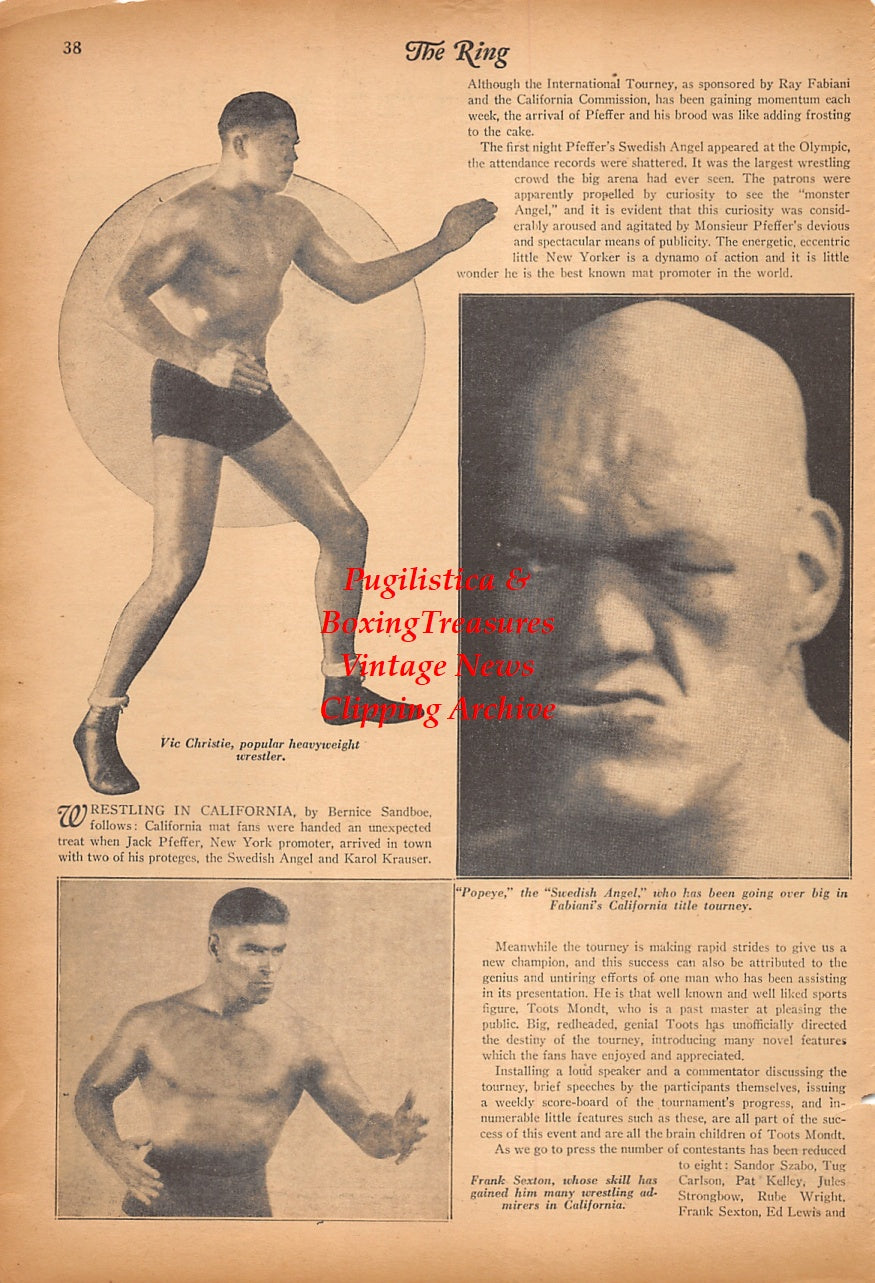 Wrestling News Clipping #222 - Al Krusher Korman, Ace Freeman, Ed Strangler Lewis, Morris Shapiro, Vic Christy, The Swedish Angel, Frank Sexton