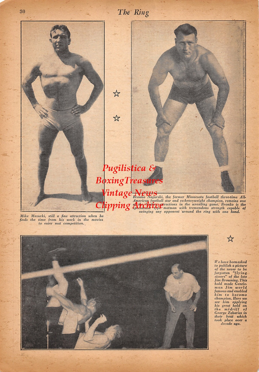 Wrestling News Clipping #227 - Mike Mazurki, Bronko Nagurski, Jim Browning, George Zaharias, George Pencheff, Whitey Whittler, Tony Carescia
