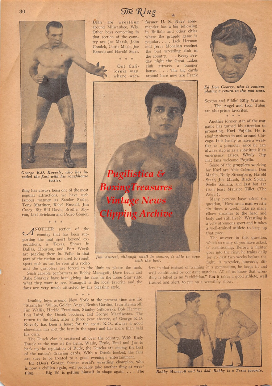 Wrestling News Clipping #245 - George K.O. Koverly, Jim Austeri, Ed Don George, Bobby Managoff, Man Mountain Dean, Chief Little Wolf, Stanislaus Zbyszko