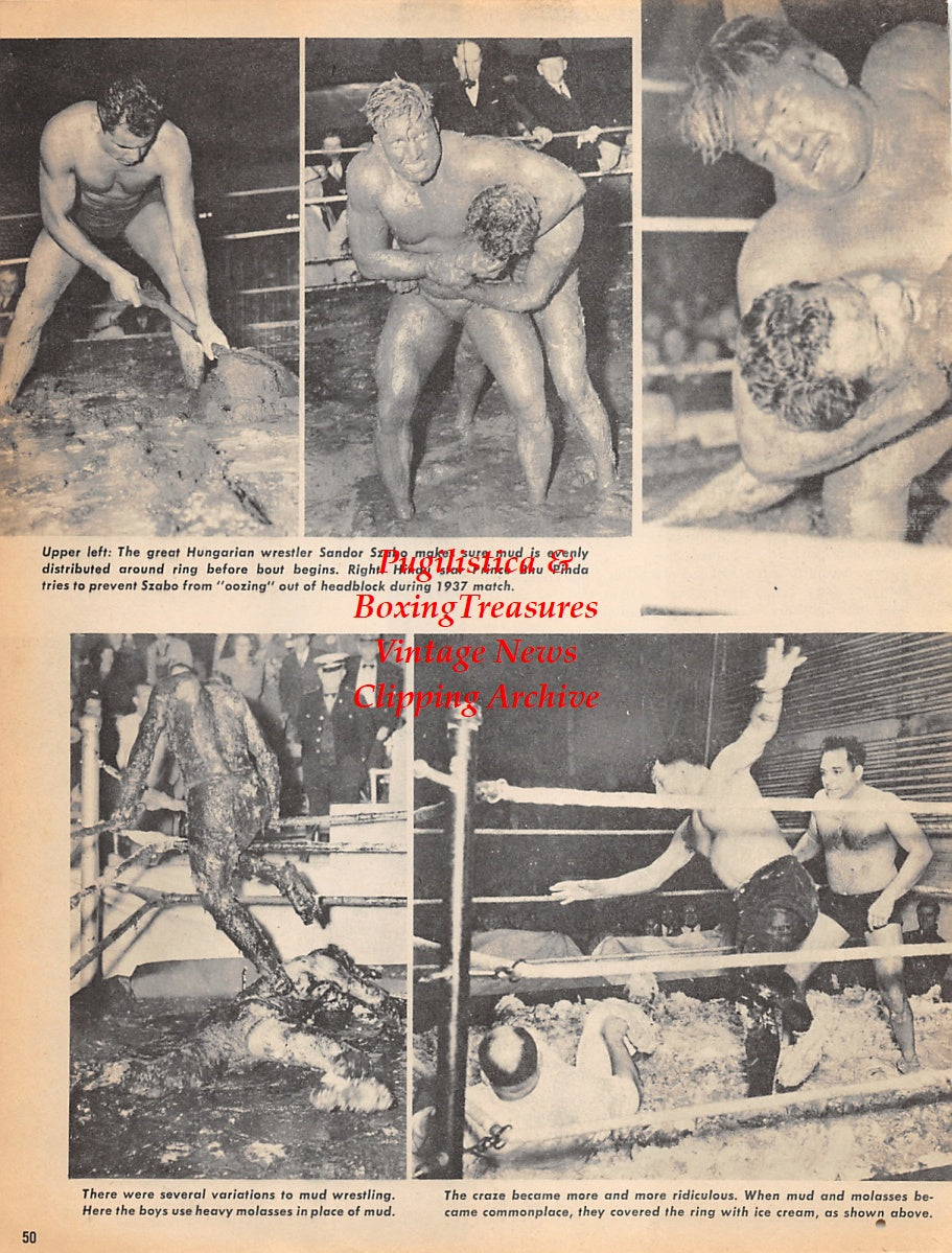 Wrestling News Clipping #27 - Sandor Szabo vs. Prince Bhu Pinda mud wrestling, Blueberry wrestling in Manistique, Michigan, Harry Jacobs vs. Jumbo Kennedy