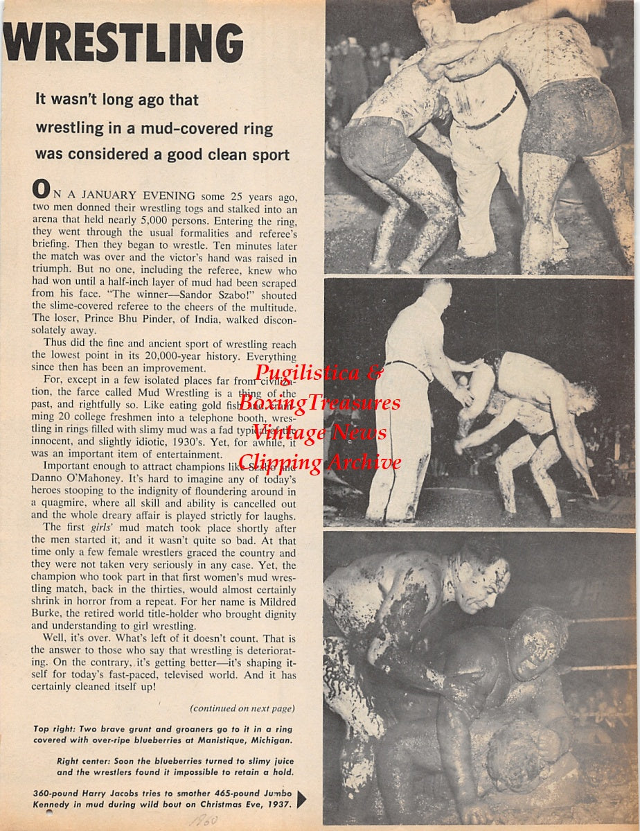 Wrestling News Clipping #27 - Sandor Szabo vs. Prince Bhu Pinda mud wrestling, Blueberry wrestling in Manistique, Michigan, Harry Jacobs vs. Jumbo Kennedy