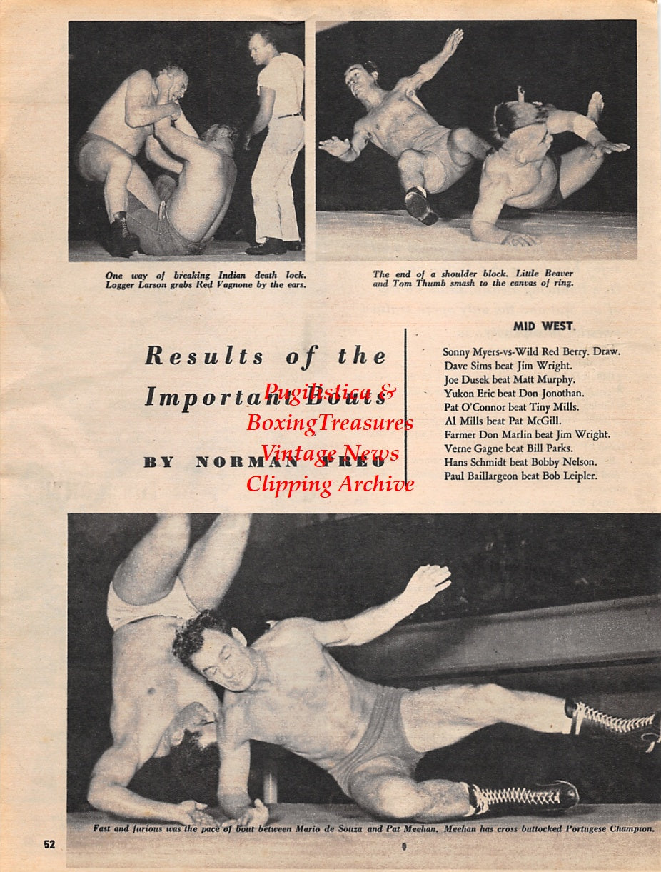 Wrestling News Clipping #39 - Logger Larson, Red Vagnone, Little Beaver, Tom Thumb, Mario de Souza, Pat Meehan, Benito Gardini