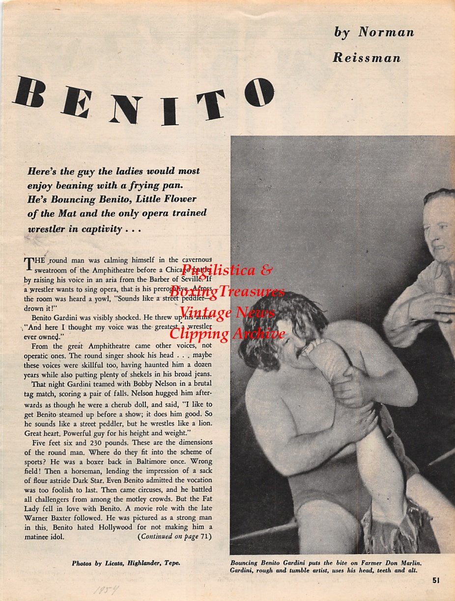 Wrestling News Clipping #39 - Logger Larson, Red Vagnone, Little Beaver, Tom Thumb, Mario de Souza, Pat Meehan, Benito Gardini