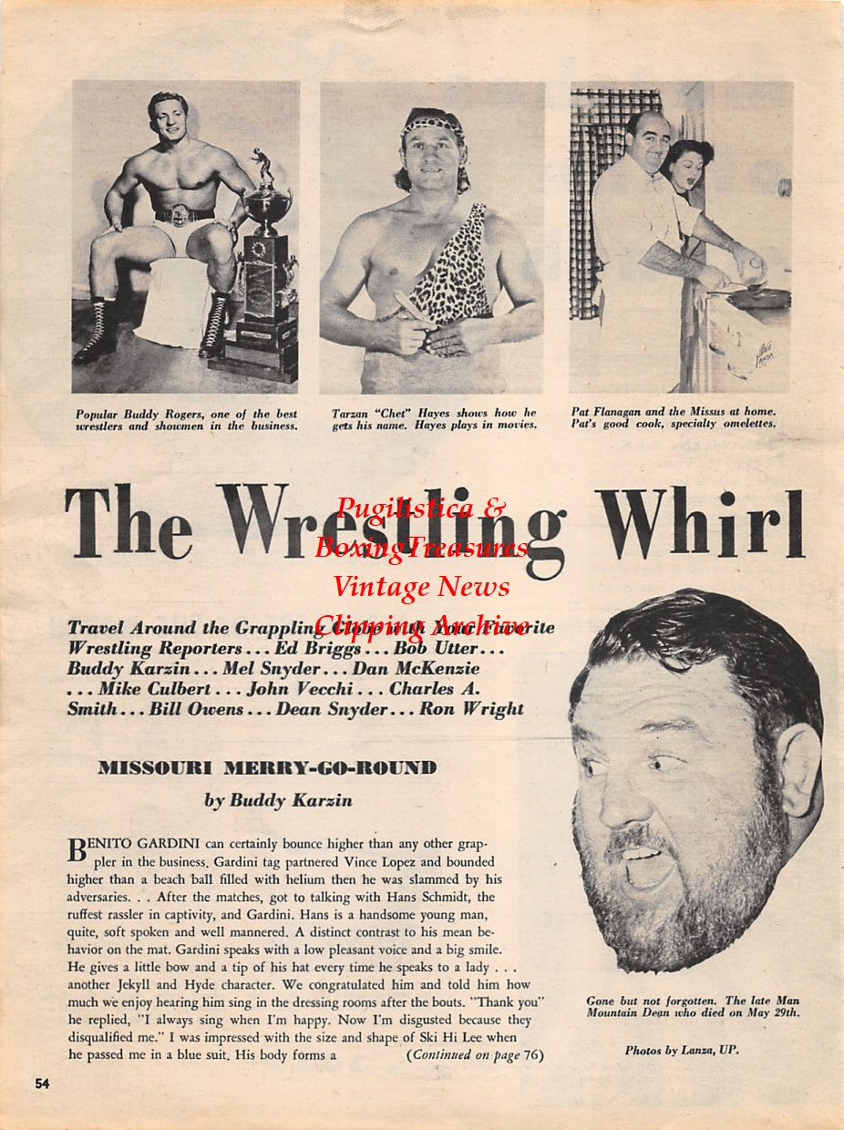 Wrestling News Clipping #40 - Jack Kiser, Gypsy Joe, Primo Carnera, Mike Sharpe, Danny McShane, Ella Waldek, Buddy Rogers, Tarzan Hayes, Pat Flanagan, Man Mountain Dean