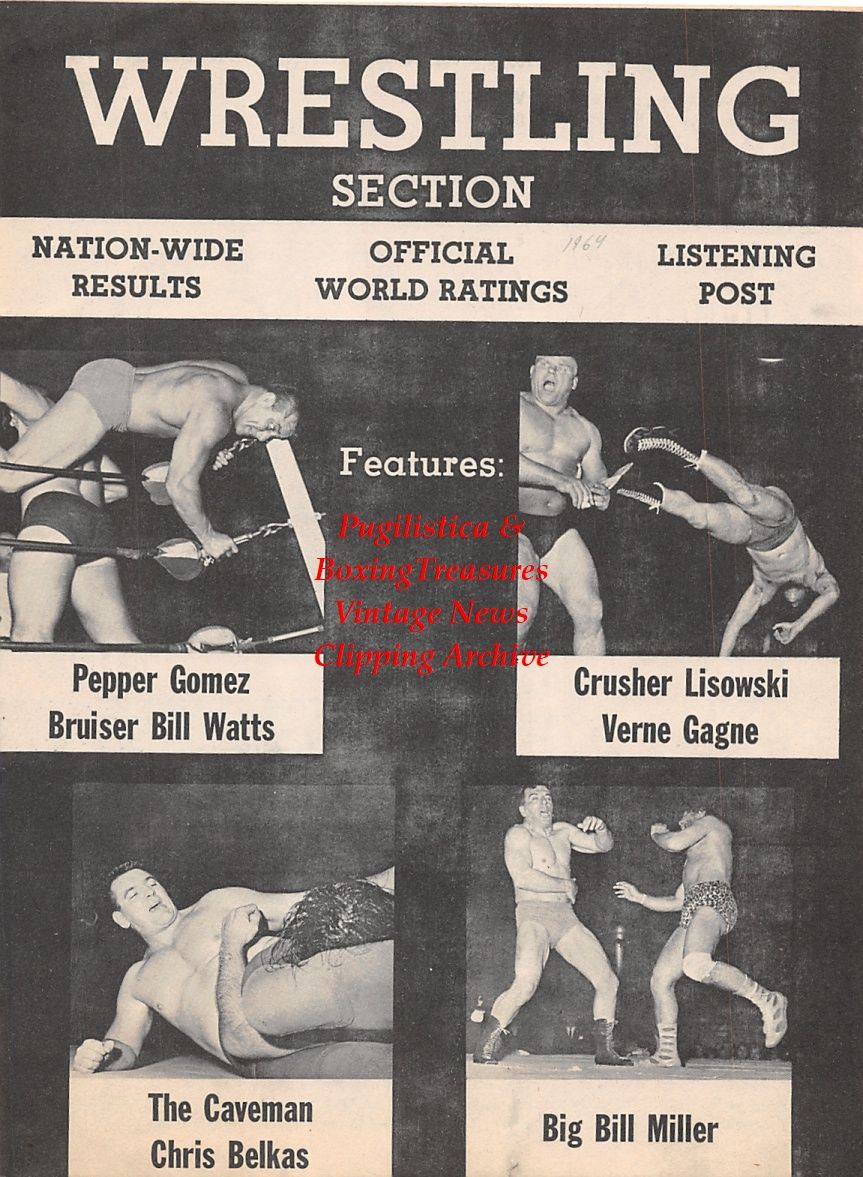 Wrestling News Clipping #44 - Pepper Gomez vs. Bruiser Bill Watts, Crusher Lisowski vs. Verne Gagne, The Caveman vs. Chris Belkas, Big Bill MIller