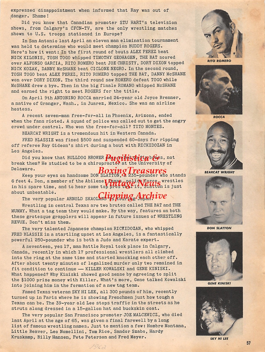 Wrestling News Clipping #55 - The Mummy, Rito Romero, Antonino Rocca, Bearcat Wright, Don Slatton, Gene Kiniski, Sky Hi Lee