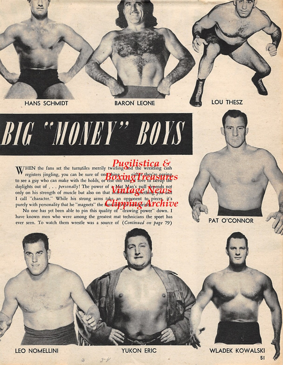 Wrestling News Clipping #76 - Tarzan White, Hans Schmidt, Baron Leone, Lou Thesz, Pat O'Connor, Leo Nomellini, Yukon Eric, Wladek Kowalski