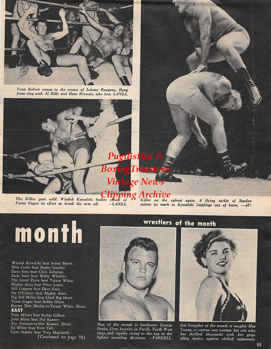 Wrestling News Clipping #78 - Duke Keomaka, Bull Curry, Yvon Robert, Johnny Rougeau, Al Mills, Hans Herman, Killer Kowalski, Verne Gagne, Gene Stanlee, George Drake, Mae Young