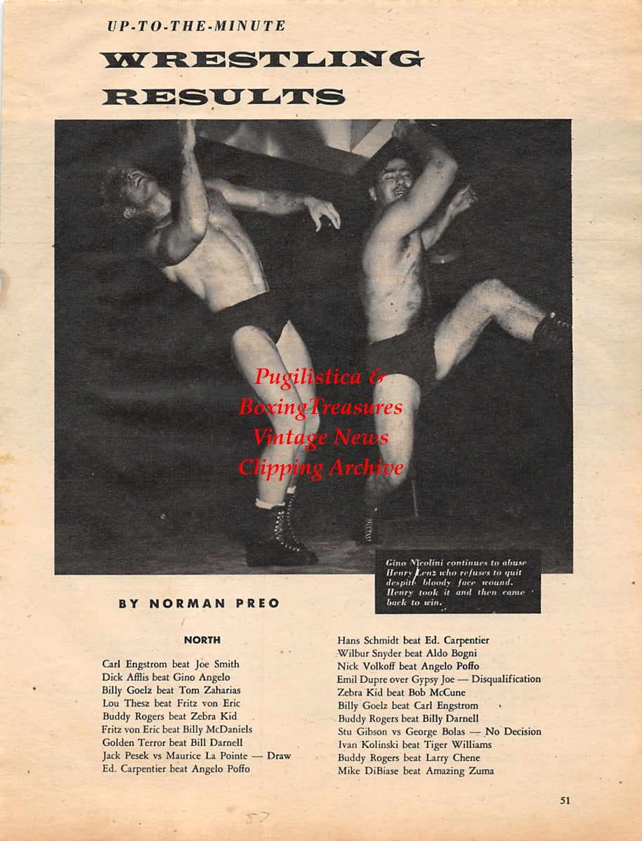 Wrestling News Clipping #86 -Gino Nicolini vs. Henry Lenz, Ernie and Emil Dusek, Verne Gagne, Yukon Eric, George Dusette, Tommy Martindale