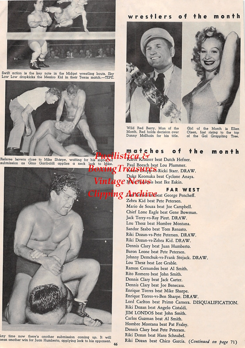 Wrestling News Clipping #91 - Killer Kowalski vs. Tarzan Zorra, Sky Low Low, Mexico Kid, Mike Sharpe, Gino Garibaldi, Juan Humberto, Wild Red Berry, Ellen Olsen